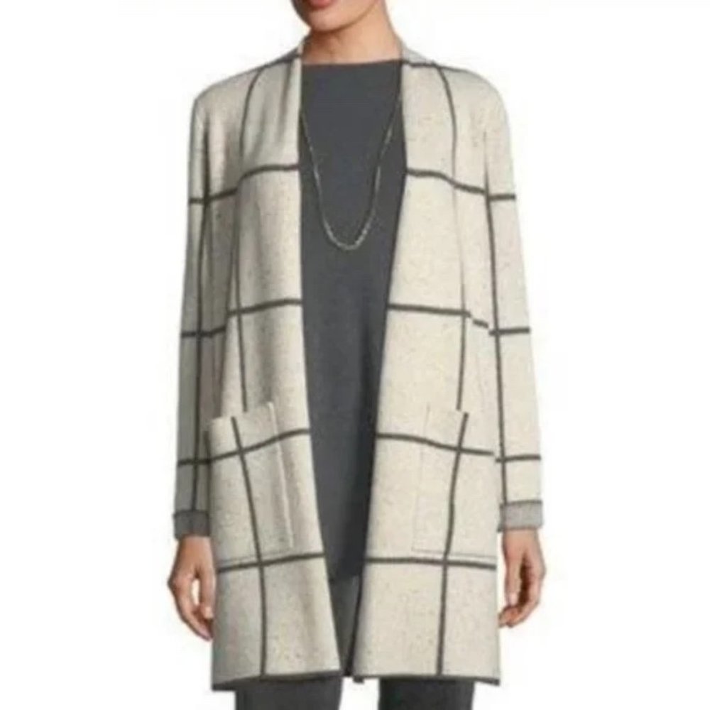 Peppered Wool Blend Windowpane Sweater Coat - cream and grey
